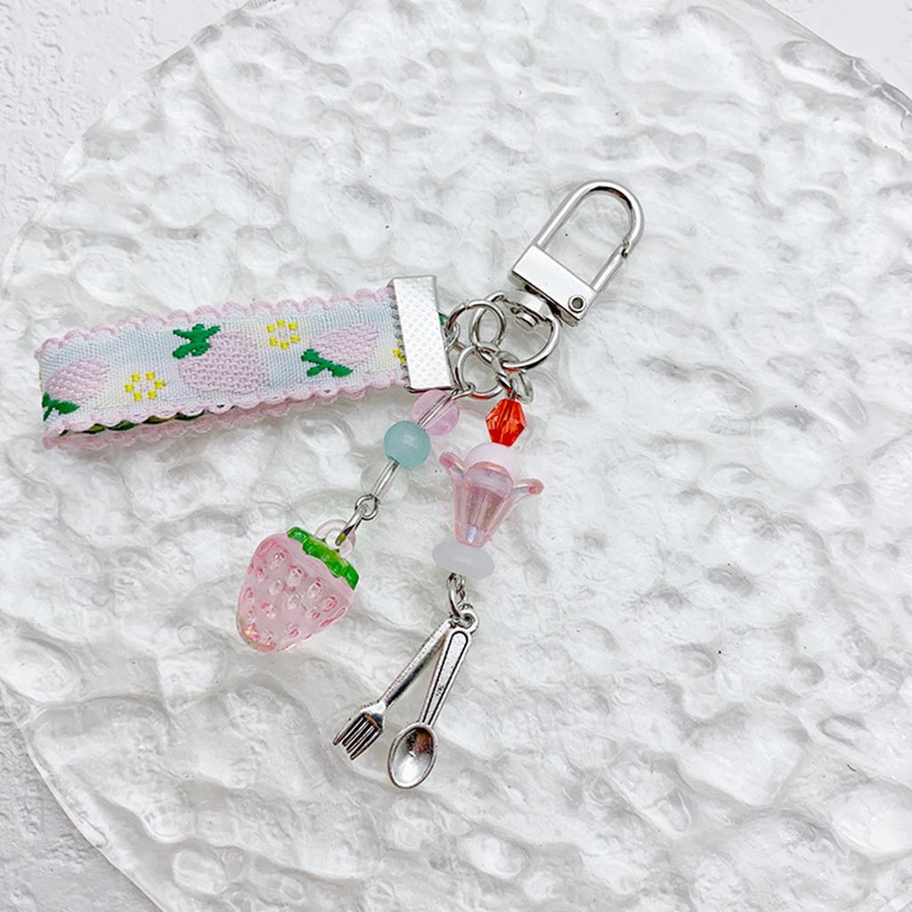 Strawberry Ribbon Charm Keychains Sweet Cute Pendant Hanging Ornament Keyring Backpack Decoration for Women Girls