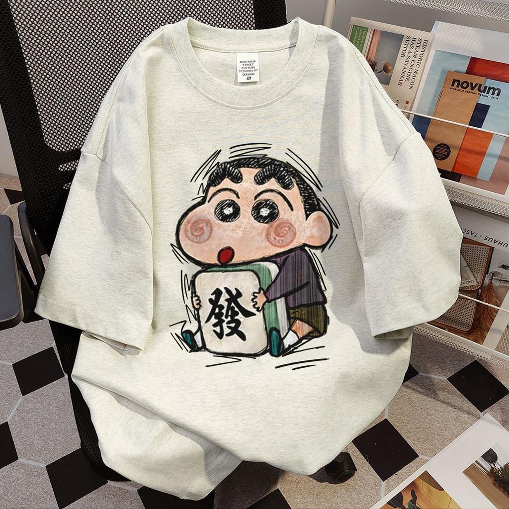 Summer loose short-sleeve T-shirt for women, pure cotton cute American style Crayon Shin-chan cartoon print base shirt