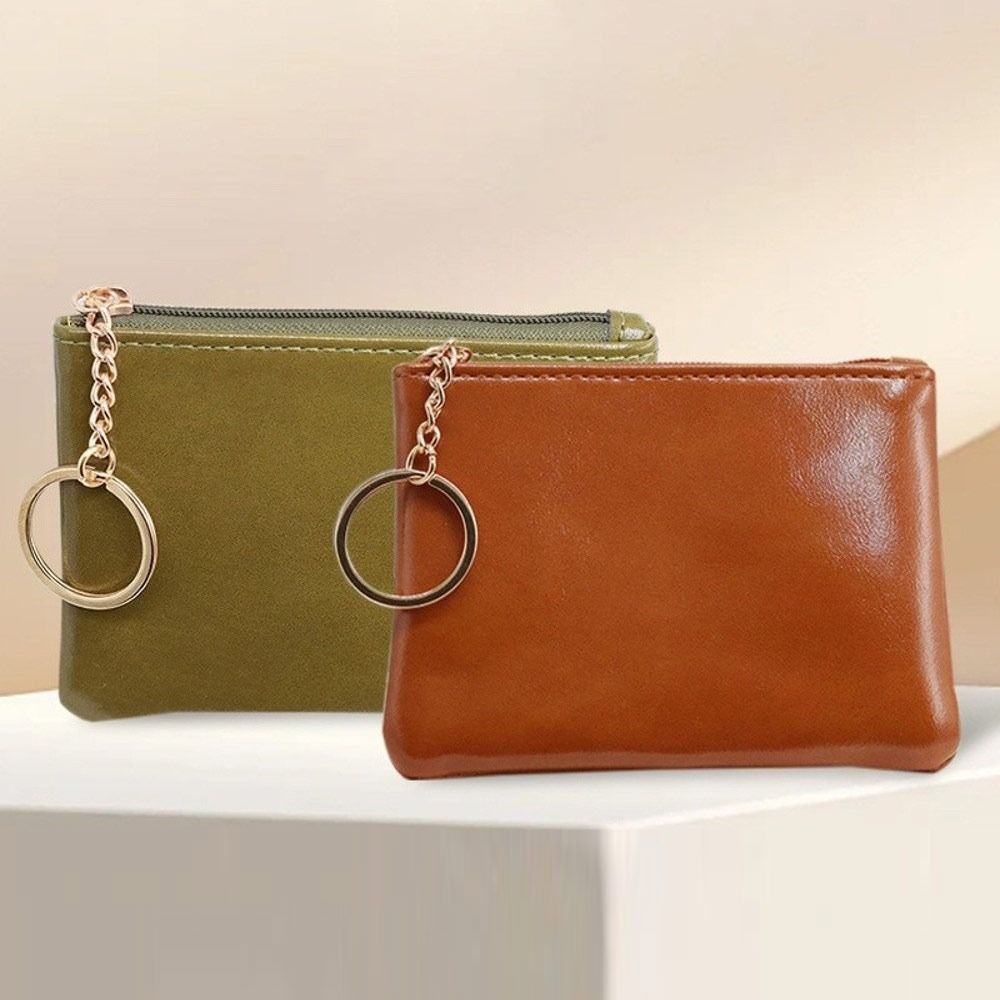 Fashion PU Leather Coin Purse with Keychain Portable Card Holder Zipper Closure Wallet Women