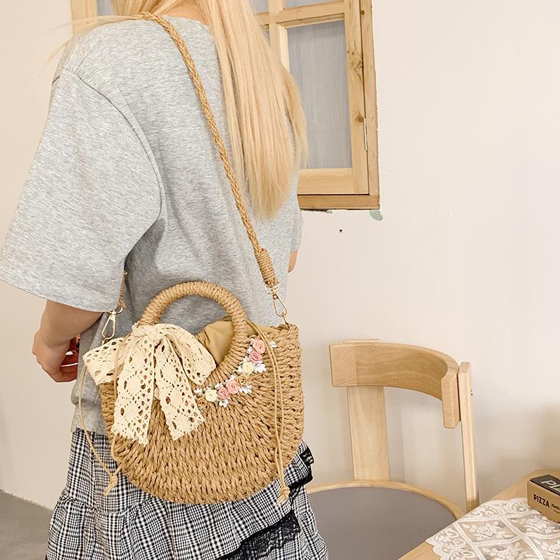 Fresh and Light Floral Woven Bag, Beach Vacation Bag, Beachside Single Shoulder Bag, Handbag, Grocery Basket Bag Casually