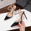 Patent Leather Rivet High Heels, Glossy Shallow Rivet Strap High Heels Thin Heel Pointed Rivet High Heels