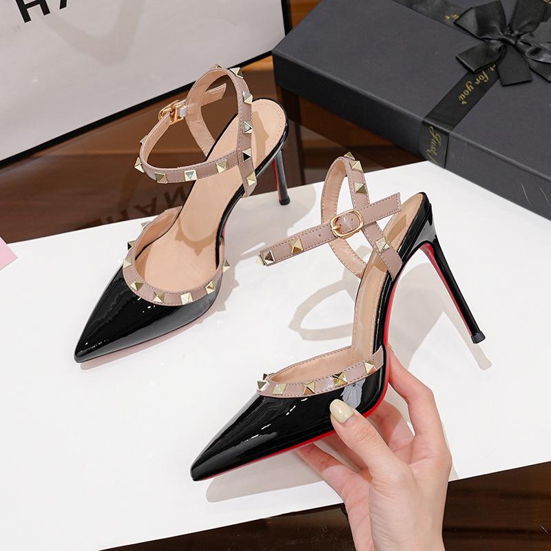 Patent Leather Rivet High Heels, Glossy Shallow Rivet Strap High Heels Thin Heel Pointed Rivet High Heels