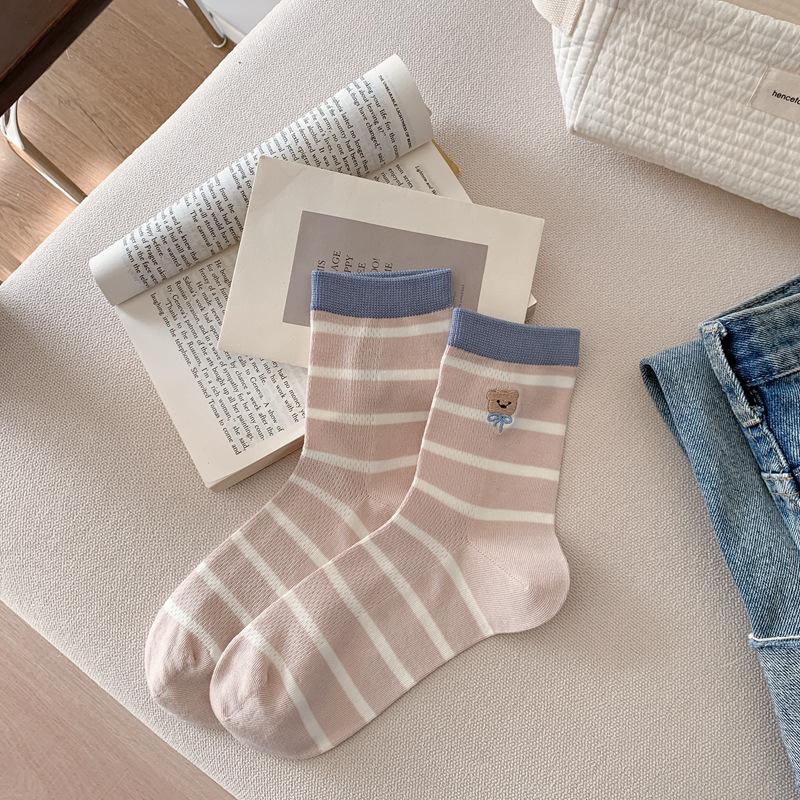 25 Summer Socks Women'S Mesh Thin Medium Tube Cotton Socks Striped Bear Embroidered Stacking Socks Trendy Women'S Socks