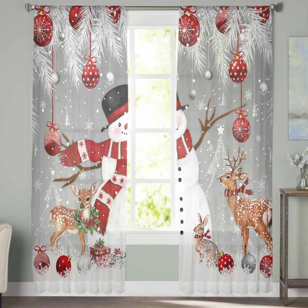 Christmas Snowman Deer Sheer Curtains for Living Room Decoration Window Curtains Kitchen Tulle Voile Curtains