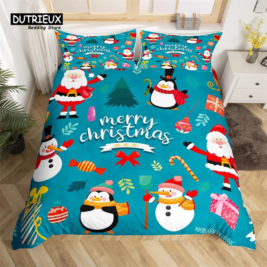 Christmas Duvet Cover Cartoon Snowman Deer Reindeer Bedding Set Twin Size Microfiber Cute Gingerbread Stocking Comforter Cover
