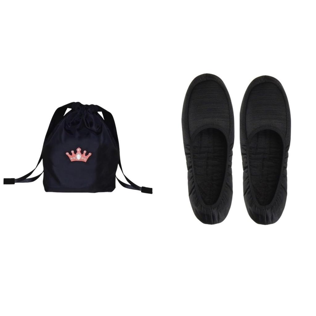 Angel Smile Royal School Grosgrain Portable Slippers Size LL Tiara Embroidered Navy Drawstring Bag Set of 2 (Solid Black) & (Small) (RSL2022001 LL)