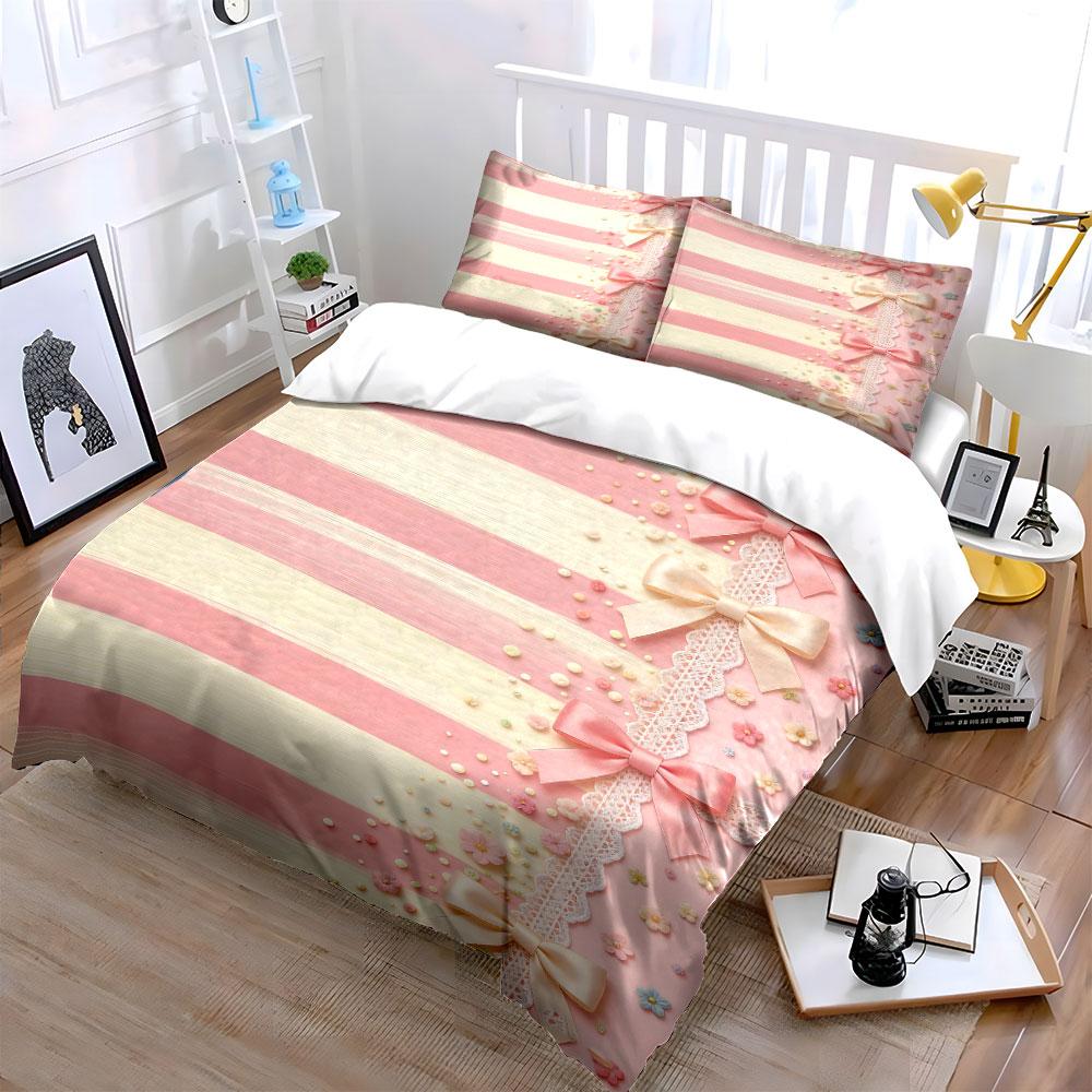 Striped pattern, bows, lace. Bedding sets Duvet cover sets Duvet covers Pillowcases(1 * Duvet Cover 2 * Pillowcases without duvet insert)
