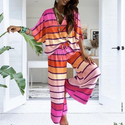 Yousheng Women's 2 Piece Outfit Set Batwing Sleeve V Neck Top Drawstring Wide Leg Pants Set Loose Casual Lounge Sweatsuit