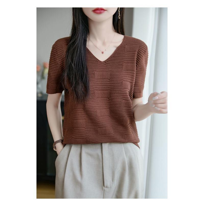 Damen V-Ausschnitt Gestricktes T-Shirt Lässig Kurzarm Texturiert Figurbetont Sommer Top