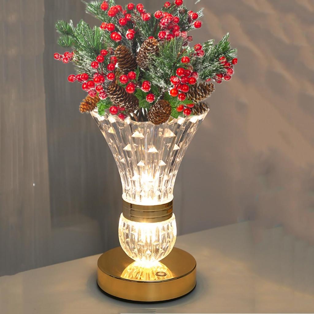 Table Lamp Flower Lamp for Home Dorm Bedroom Bedside,Dimmable Beside Lamp with 3-Color Brightness,Flower Desk Lamps USB Rechargeable, Christmas Berry