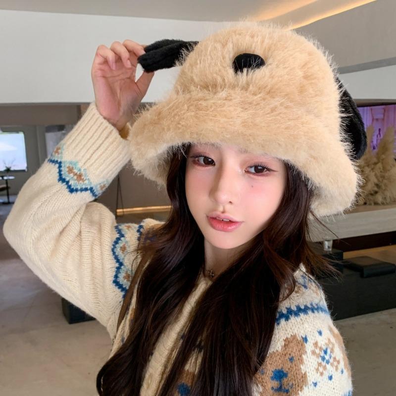 Women Students Cute Plush Dog Long Ear Bucket Hat Autumn Winter Warm Windproof