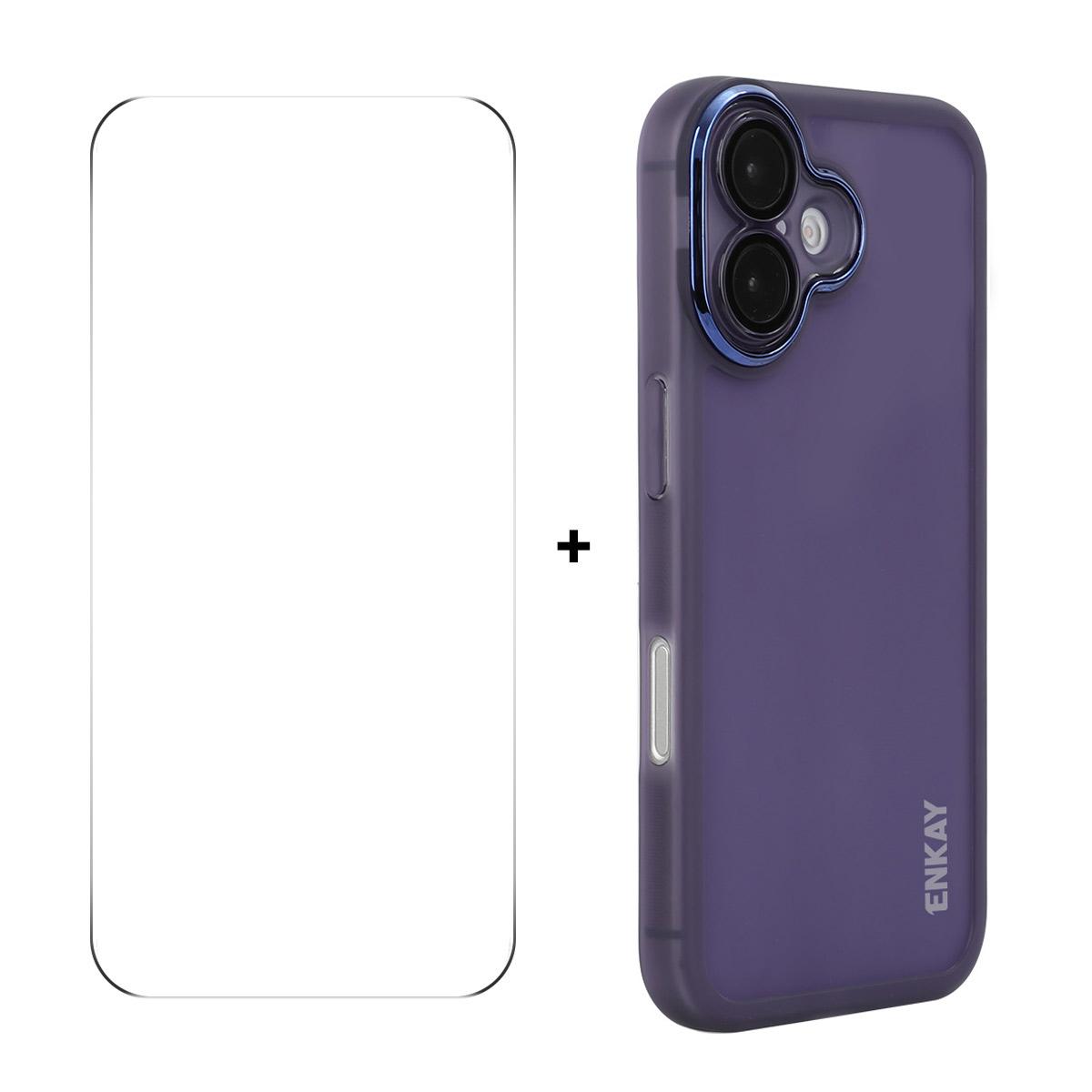 

For iPhone 16 Plus ENKAY HAT PRINCE Case Matte TPU Phone Cover with Lens Film+9H Glass Protector Purple