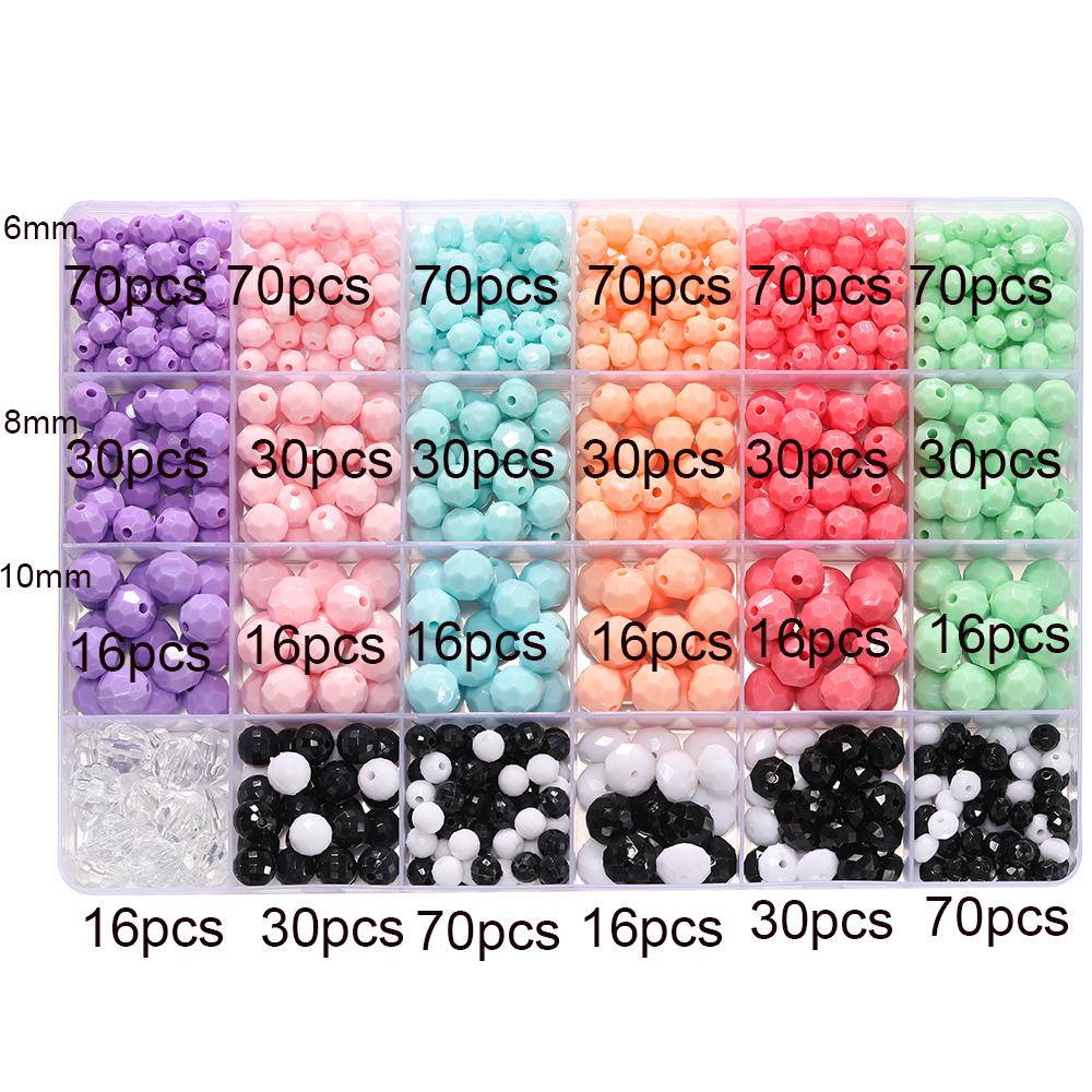 812 Stück/Karton 6/8/10mm Acryl Runde Facettierte Perlen Kits mit 0,8mm Elastischem Band für DIY Armband Halskette Schmuckherstellung Zubehör