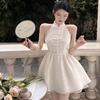 Neck Dress Women's Summer New Super Fairy Pure Desire French Ruffle Leaf Edge Waist Short Skirt Niche Temperament