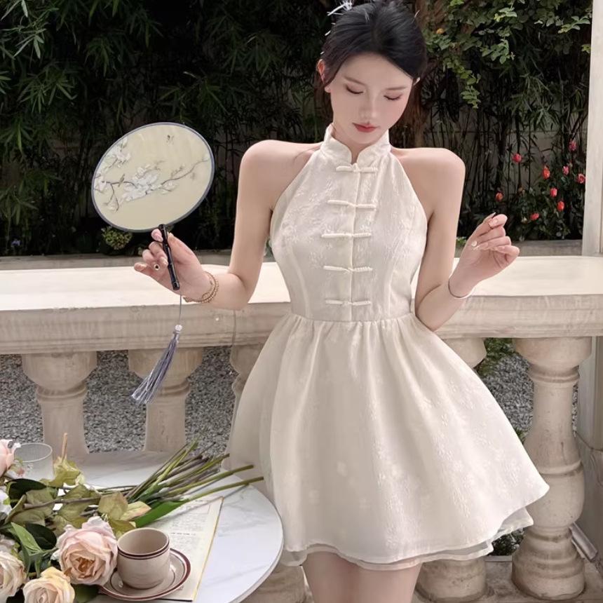 Neck Dress Women's Summer New Super Fairy Pure Desire French Ruffle Leaf Edge Waist Short Skirt Niche Temperament