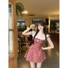 Elegant Retro Red Plaid Puff Sleeve Princess Dress - Slimming & Perfect for Petites