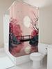 Elegant Japanese Garden Shower Curtain Cherry Blossoms Moonlit Scene Serene Bridge Reflective Pond Bathroom Decor Easy-Clean