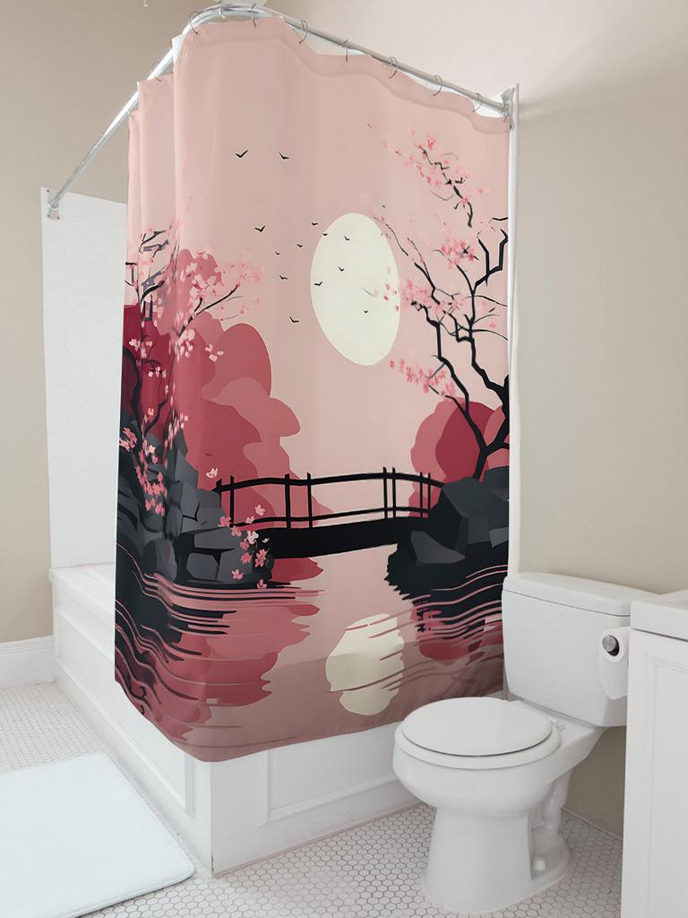 Elegant Japanese Garden Shower Curtain Cherry Blossoms Moonlit Scene Serene Bridge Reflective Pond Bathroom Decor Easy-Clean