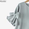 ZANZEA Women Fashion Round Neck Lantern Short Sleeve Tied Blouses
