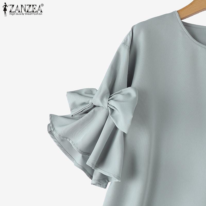 ZANZEA Women Fashion Round Neck Lantern Short Sleeve Tied Blouses