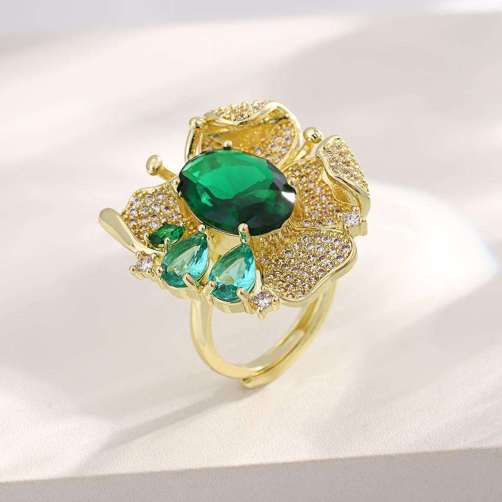 Copper Zircon Flower Open Ring For Women With Adjustable Size And Christmas Holiday Style
