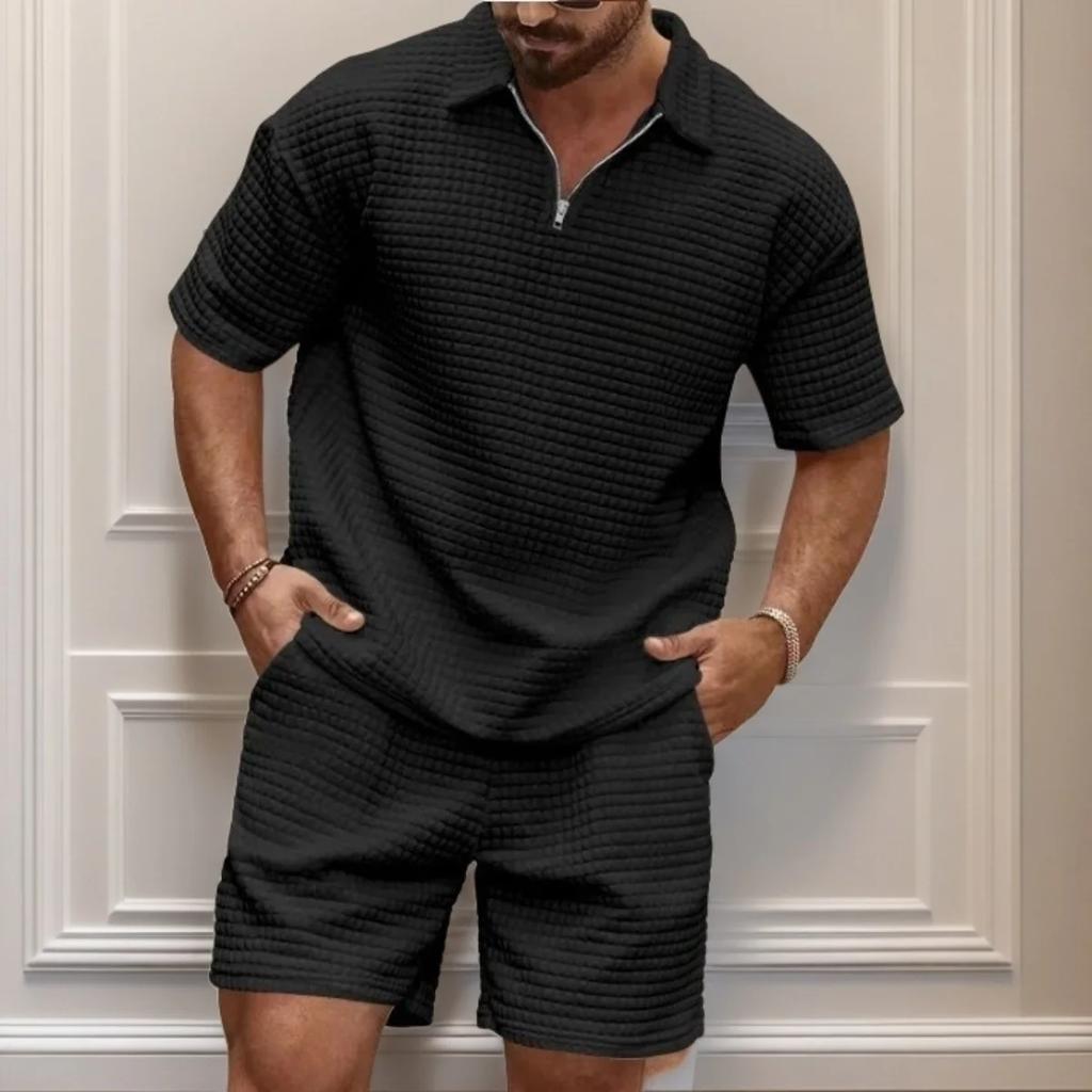 New Men's Casual, Fashionable and Comfortable Waffle Checkered Letter Lapel Sportswear Set, Spring and Summer Two-piece Set