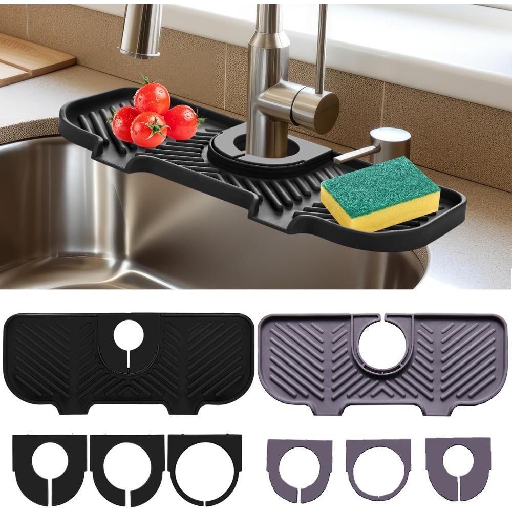 

2pcs Silicone Faucet Splash Guard Kitchen Sink Splash Guard Faucet Mat for Kitchen Mat Catcher Black and Grey Sink Accessories for Bathroom