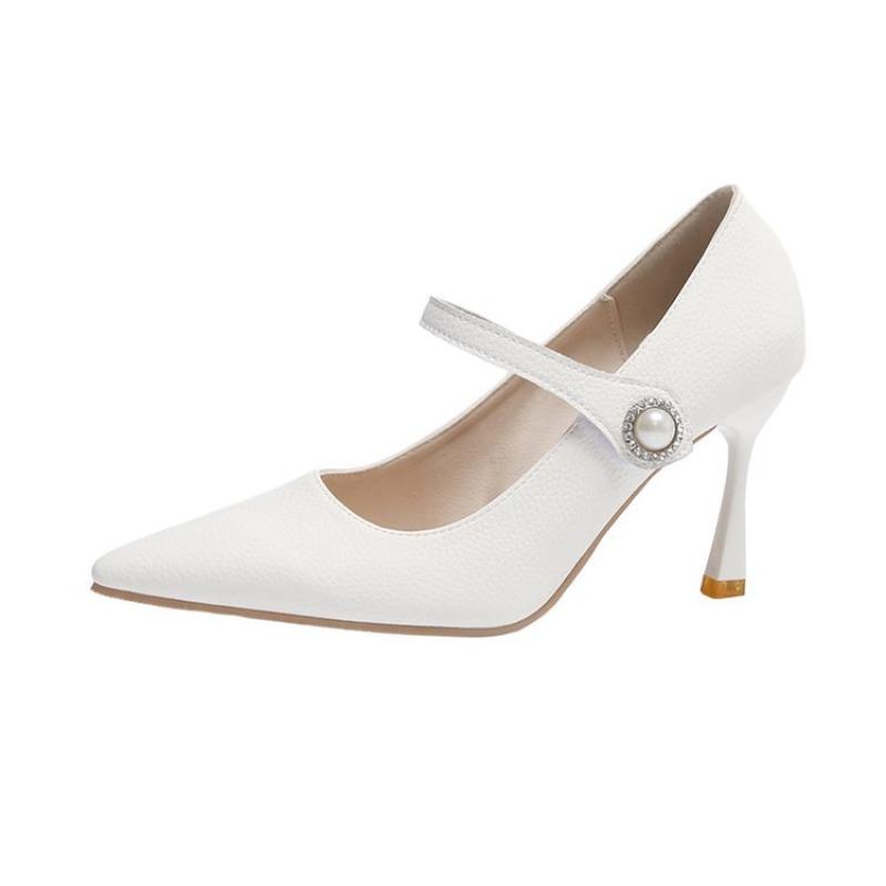 Moda 2024 Temporada de Primavera y Otoño Nueva Moda Punta Sólida Perla Boca Ligera Ropa Exterior Cuero Mujer Tacones Altos Zapatos de Mujer