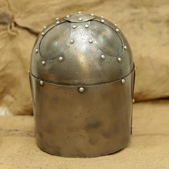 Weathered Steel Knight Helm  Medieval Crusader Cosplay Armor with Stand