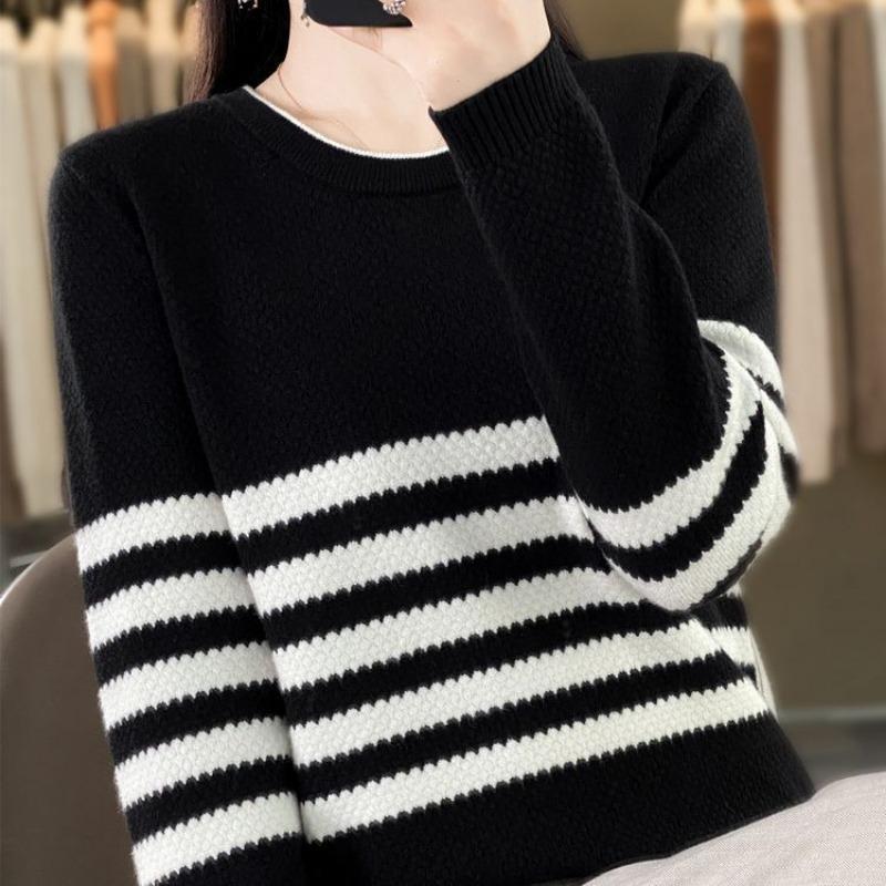 Autumn and winter new striped crew neck women's long-sleeved pullover sweater knitted sweater loose and thin top inside and outside