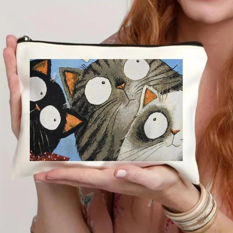 Vierkante Witte DIY Schilderen Rits Canvas Tassen Munt Geld Houder Tassen Leuke Katten Bedrukt Studenten Potlood Pen Schrijfwaren Opbergtas