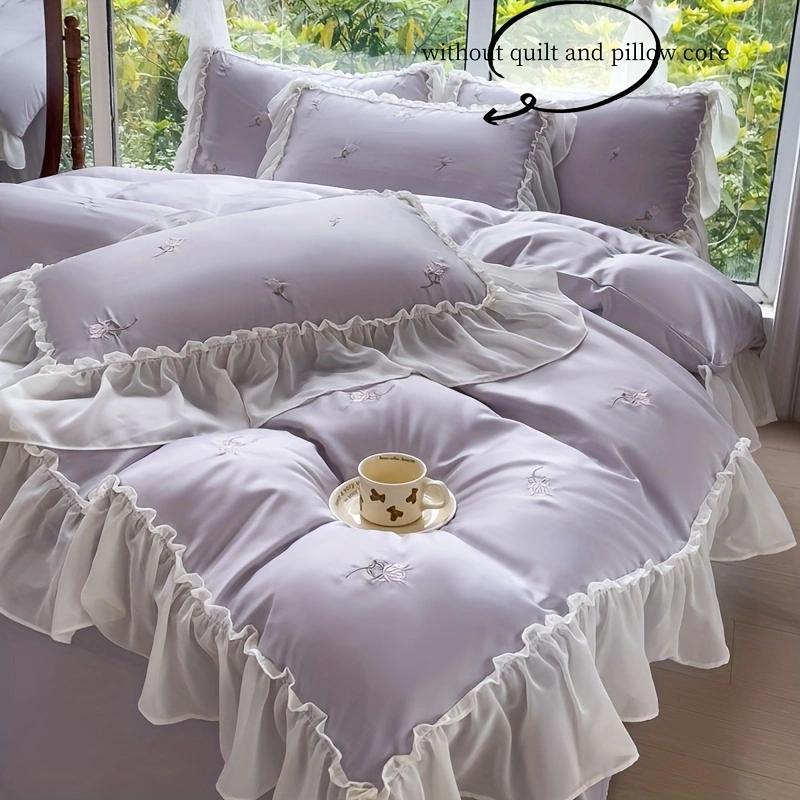 

3Pcs Elegant Rose Embroidery Bedding Set Lace Duvet Cover Set (1*Duvet Cover + 2*Pillowcase, Without Core)For Bedroom Guest Room 135x200cm фиолетовый