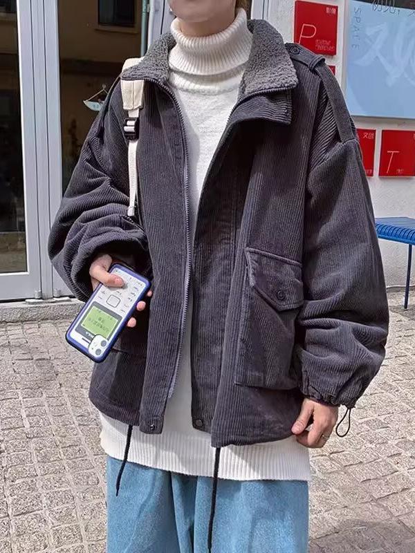 Herren Cord Baumwolljacke im Hongkong-Stil mit warmem Lammwollfutter und Stehkragen