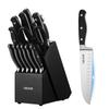 Kitchen Knife Set with Block and Sharpener, 15 Piece High Carbon Stainless Steel Sharp Knife Set, Kitchen Cutlery with Crack-Resistant Handle,