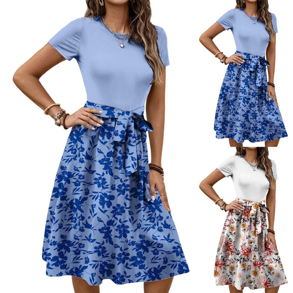 Women's Fashionable Retro Patterned Printing Color Blocked Belt Casual Dress