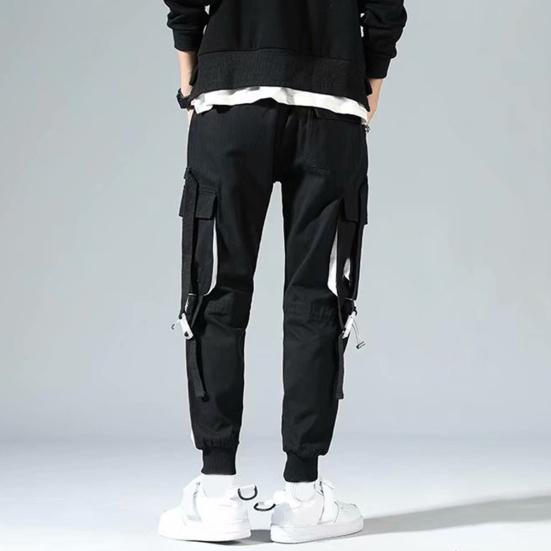 Men Cargo Pants Strap Decor Multi Pockets Loose Elastic Waist Ankle-banded Color Matching Hip Hop Streetwear Work Outdoor Trousers