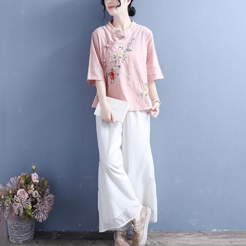 Damen Frühling Sommer Locker Dünner Abschnitt Baumwolle Leinen Ethnischer Stil Stehkragen Stickerei Vintage Teller Schnalle Überkopf Mittellang Ärmel Hemd