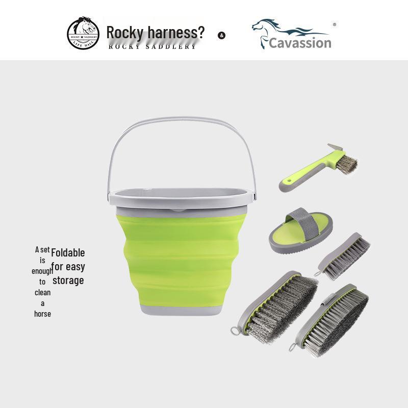 Equestrian Horse Cleaning Set: Brush Tools  Folding Bucket One Size