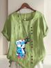 Women's Fashion Blue Bear Print Shot Sleeve T-shirt Loose Cotton Shirt Casual Loose Summer Blouse Tops Plus Size