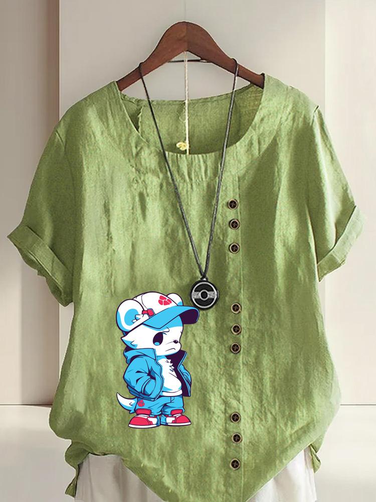 Women's Fashion Blue Bear Print Shot Sleeve T-shirt Loose Cotton Shirt Casual Loose Summer Blouse Tops Plus Size