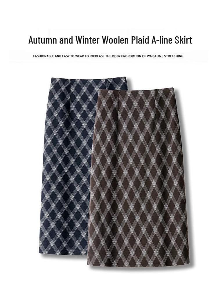 Women's Fashionable Retro Plaid Skirt - Autumn 2025 Style, Petite High Waist, Hip-Hugging Brown Slit Design