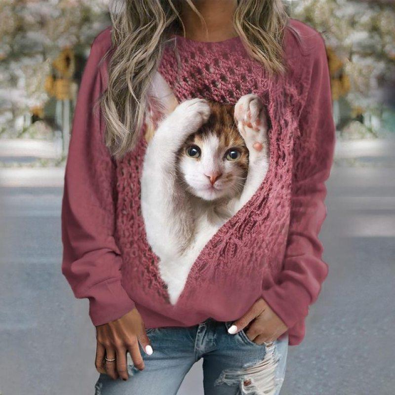 Women's Sweater Pullover T-Shirt Fashion Kitten Print Long Sleeve T Shirt Girls Street Casual Ladies Clothes O-Neck Sweatershirt