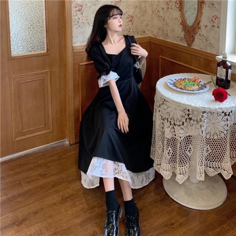 Large size women's short-sleeved skirt new retro black dress women's lisianthus long dress