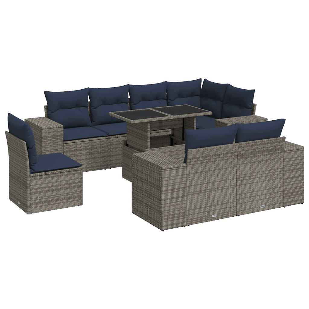 9 Piece Garden Sofa Set with Cushions Grey Poly Rattan & Acacia