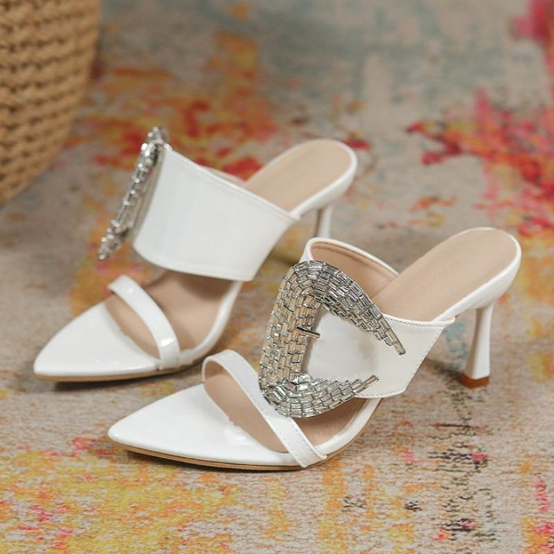 Fashion New Summer One-Line Rhinestone Buckle High Heels Women's Stiletto Pointed Toe Open-Toe Patent Leather Non-Slip Slippers