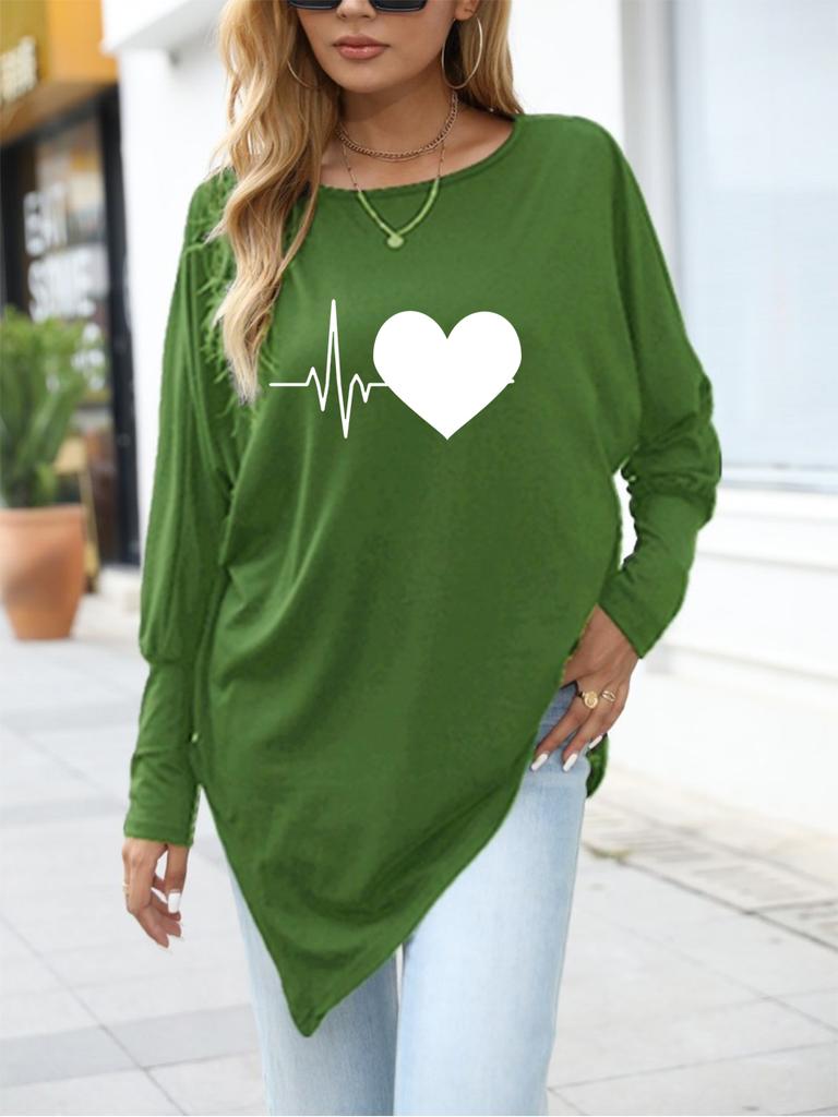 Women's Oversize Long-Sleeve Spring/Fall Asymmetrical Hem T-Shirt Fashion Printed Logn Sleeve Top