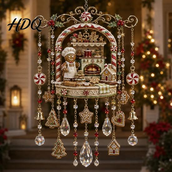 Clear Faceted Crystal Pendant Christmas Wind Chime with Bead Chain Cat Car/Owl Xmas Tree Ornaments Pattern Design Retro Hanging Ornament for