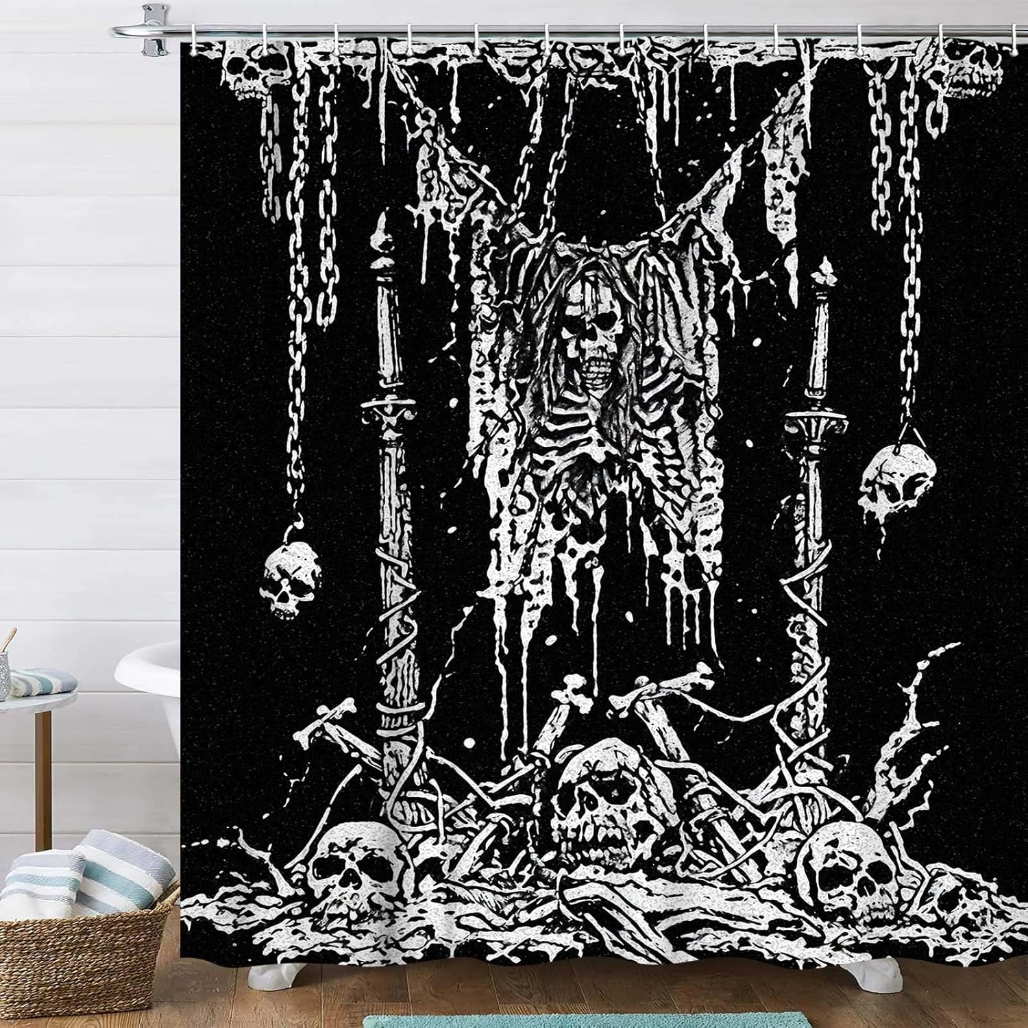 Halloween Vintage Skull Shower Curtain Set Black And White, Gothic Skull Warlock Shower Curtain, With Hooks Scary Spooky W60H190(CM)-1 Pcs