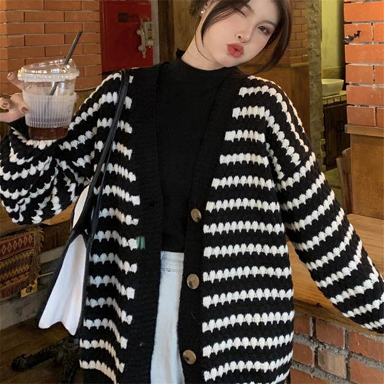 

Вязаный кардиган, осенний наряд с уникальным ленивым полосатым V-образным вырезом, толстый свитер для женщин L чёрный