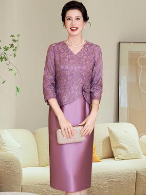 Autumn 2025 Elegant V-neck Slimming Dress with Purple Lace for Moms